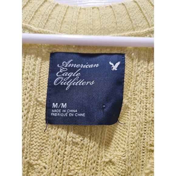 Vintage y2k American Eagle Outfitters Yellow Butter Cable Knit Sweater M Deep V - Picture 2 of 9
